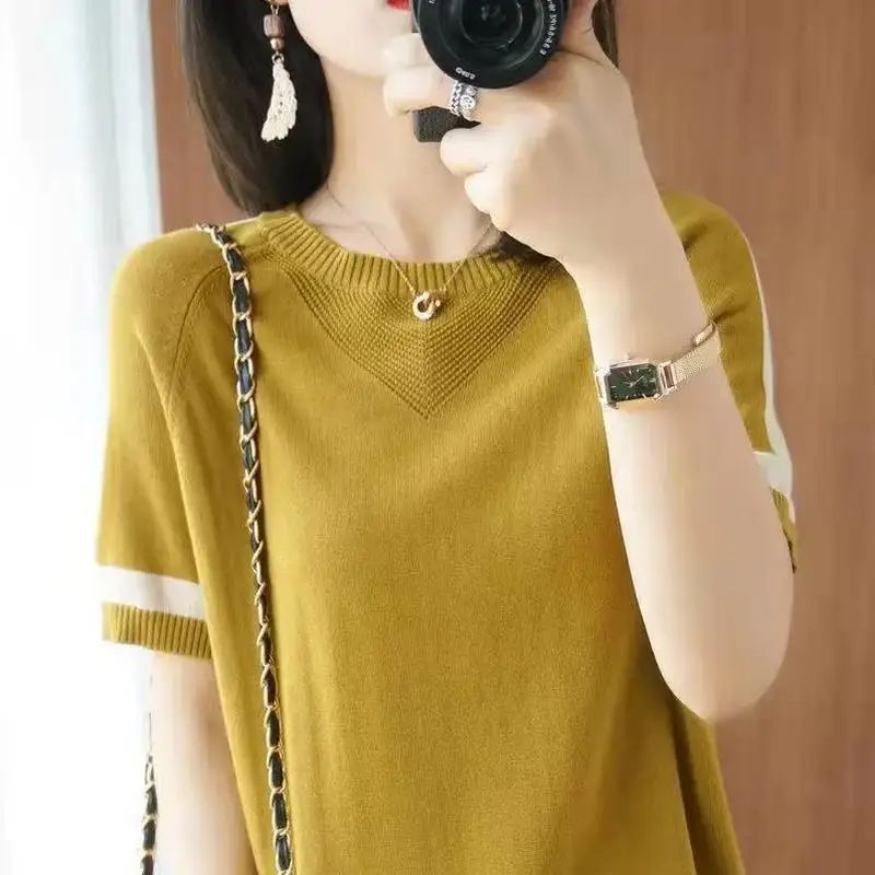 Summer Women Vintage Striped T-Shirt Korean All-match Hollow Out Fashion Short Sleeve O-Neck Loose Casual Knitted Pullover Tops