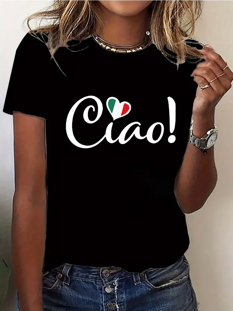 Women's Italian Ciao Flag Heart Print Casual T-Shirt Elegant Street Style Round Neck Top Four Seasons Comfortable T-Shirt