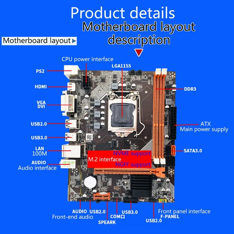 B75 for M.2 Motherboard M-ATX Support LGA1155 Socket Graphics Card VGA DVI SATA3 HDD for M.2 NVME SSD