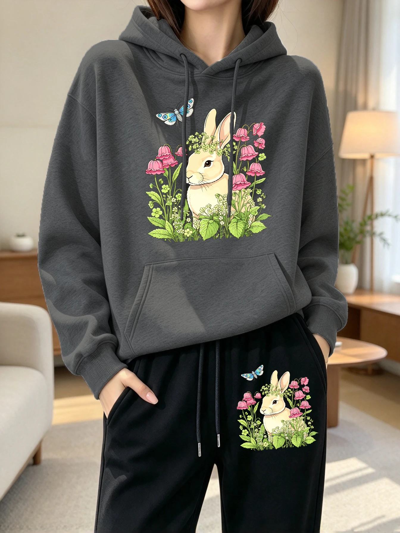 Cute Rabbit Butterfly Foliage Flower Print Y2K Women Hoodie Set Loose Autumn Pullover Casual Sportswear Pocket Fleece Sweatpants view 3