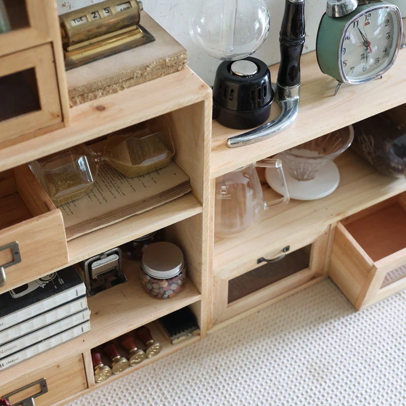 Vintage Japanese Style Wooden Desktop Storage Organizer with Drawers for Coffee Cups Notebooks Stationery Bins