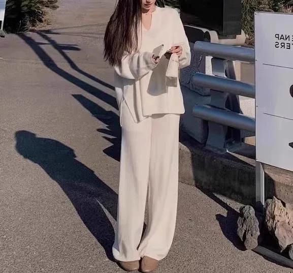 طقم بناطيل رجالي طقم مكون من قطعتين سترات منسوجة برقبة على شكل V وأكمام طويلة وسراويل طويلة بأربطة وخصر مطاطي Y2k ملابس الشارع #5