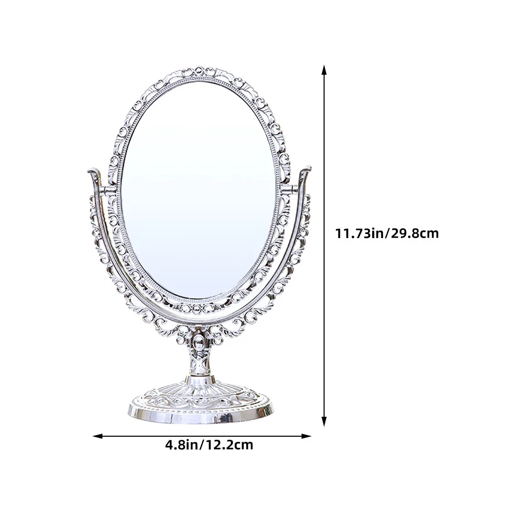 Doppelseitiger Tisch-Kosmetikspiegel im europäischen Stil, großer, silberfarbener, geschnitzter Rotations-Make-up-Spiegel für Damen