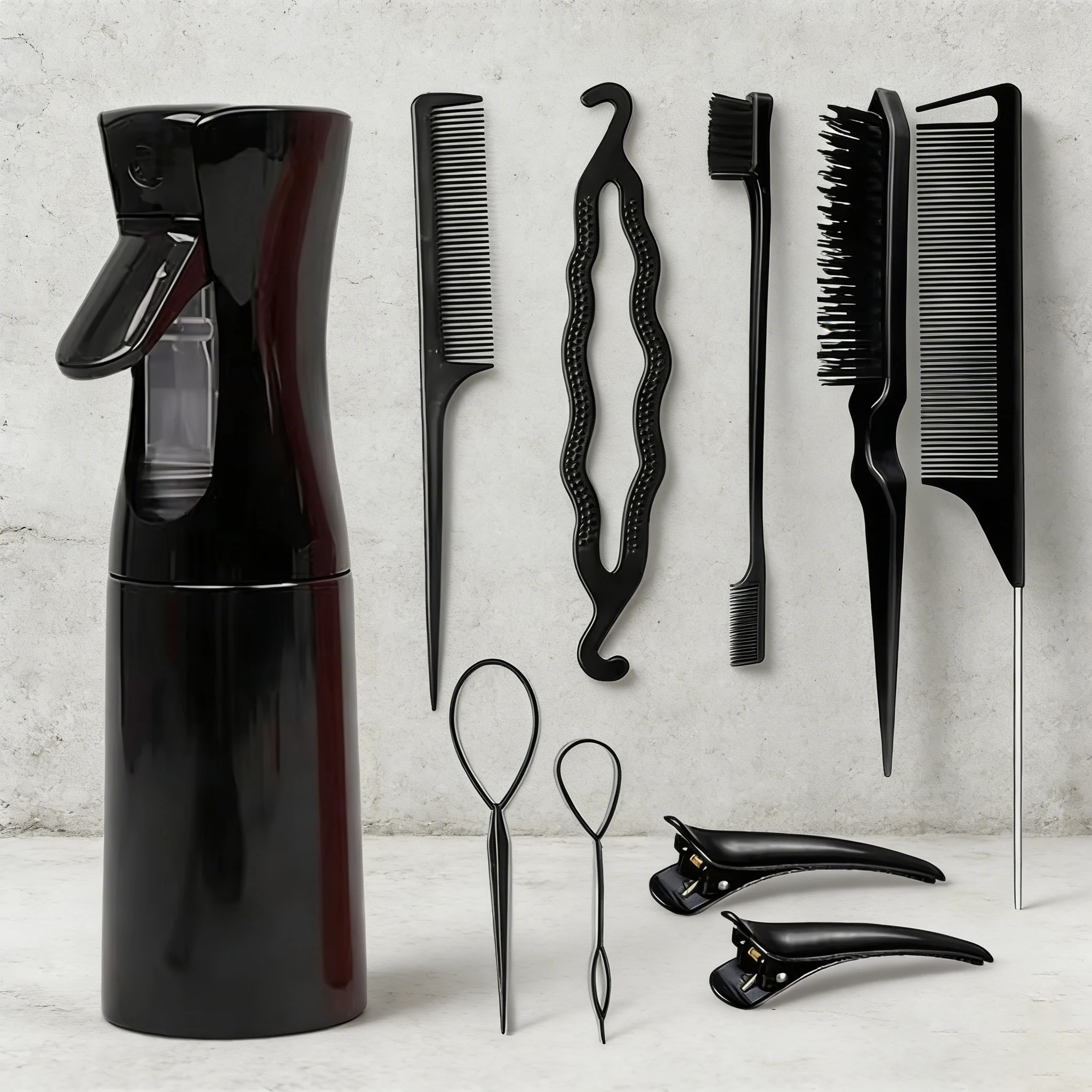 10-Piece Hair Styling Tools Refillable Spray Bottle Combs Clips Braiding Tools Salon Hairdressing Grooming Accessories