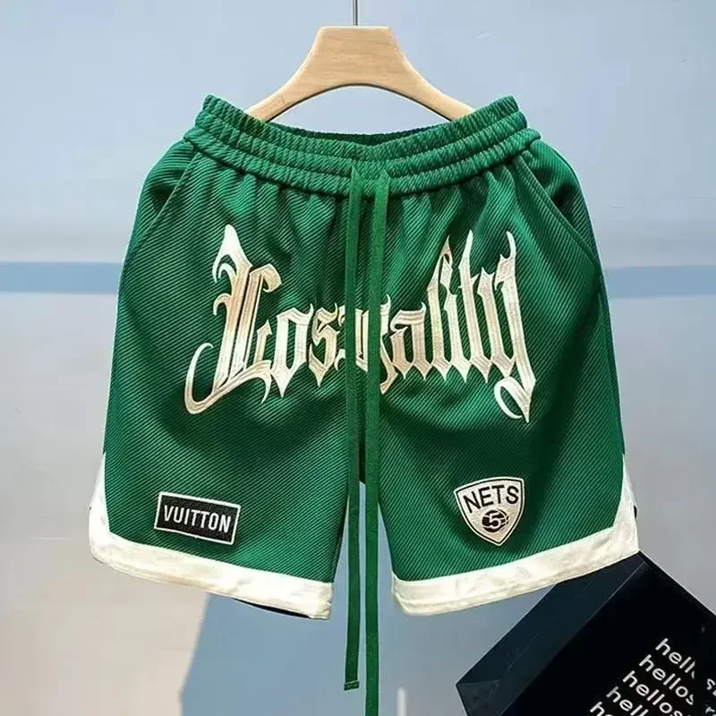 Shorts masculinos bordados na moda coreana, shorts esportivos com letra Harajuku, roupas casuais masculinas, streetwear verão, 2024