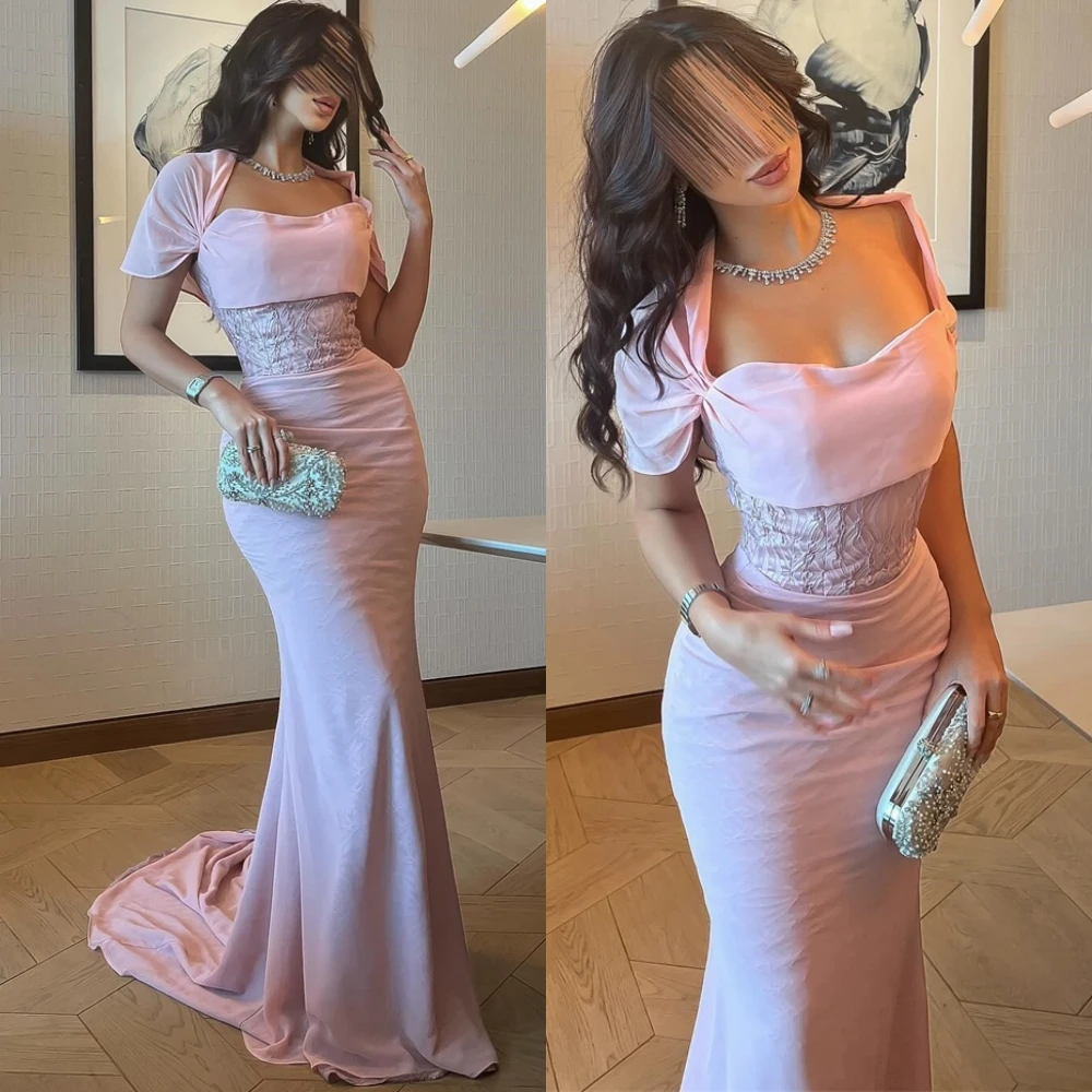 

Customized Elegant Jersey Evening Dress Exquisite Mermaid Square Collar Prom Dresses Modern Court Train Special Occasion Gowns