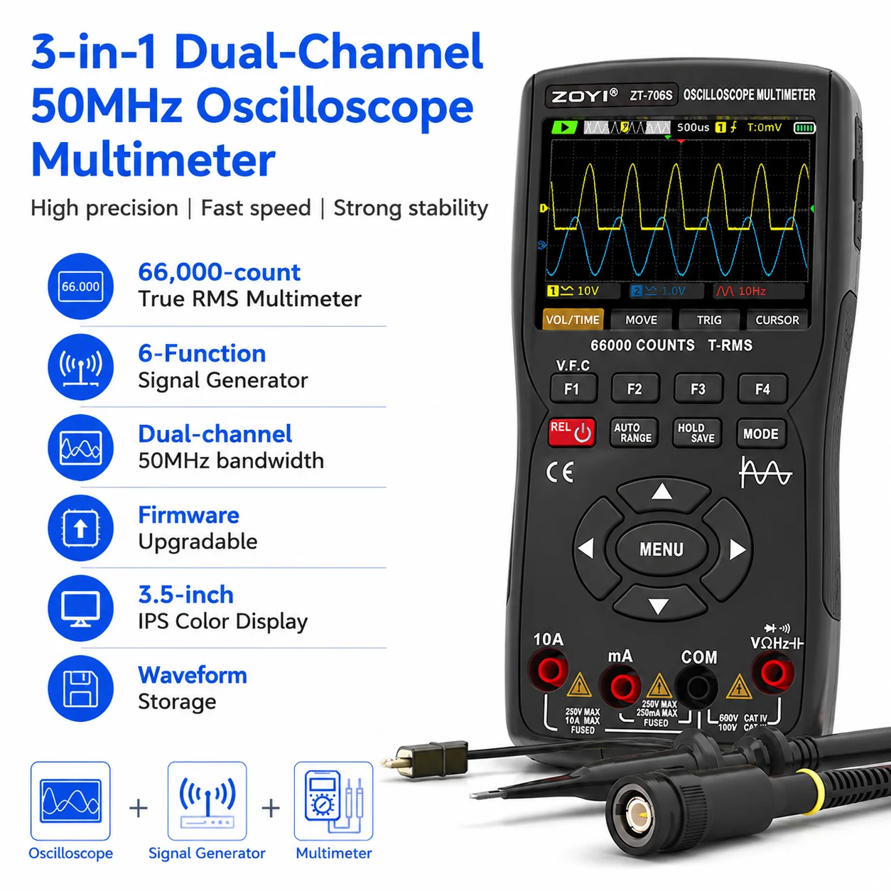 ZOYI ZT-706S New 50MHz 3-in-1 Dual Channel Scope True RMS Multimeter Signal Generator for Car Fault Diagnosis