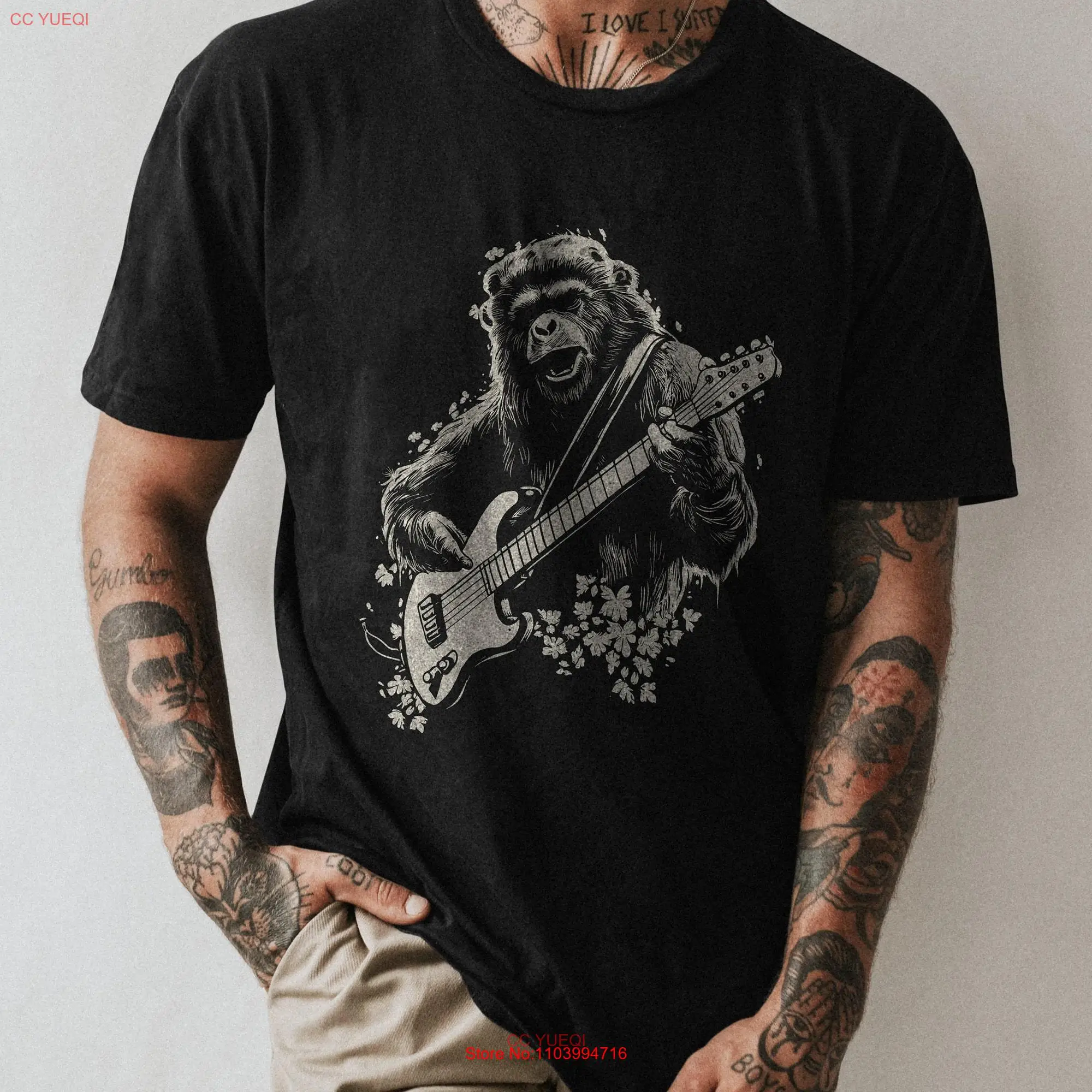 Monkey Guitarist T Shirt Playful Primate Musician for Guitar and Animal Fans long or short sleeves