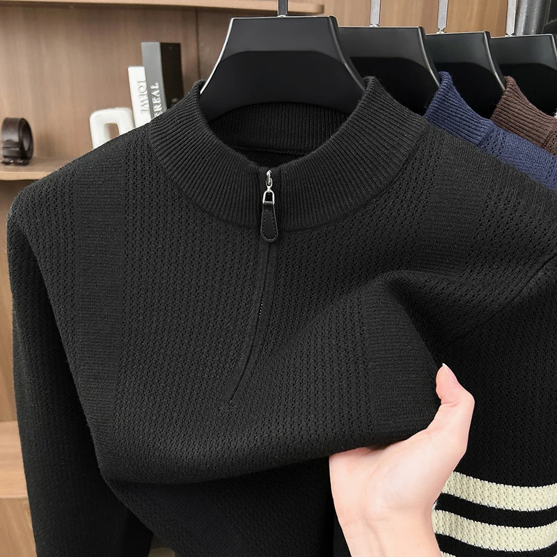 Hochwertiger Herrenpullover Herbst Winter Neuer Reißverschluss Stehkragen Modemarke Klassisches Streifenmuster Koreanischer Casual Jacquard Strickpullover – Detail 8
