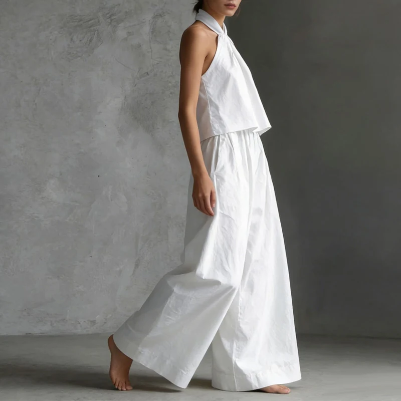 

Women Fashion Simples Draped Loose Outfits Summer Casual Wide Leg Pant 2Pc Sets Elegant Halter Sleeveless Top & Long Pant Suits