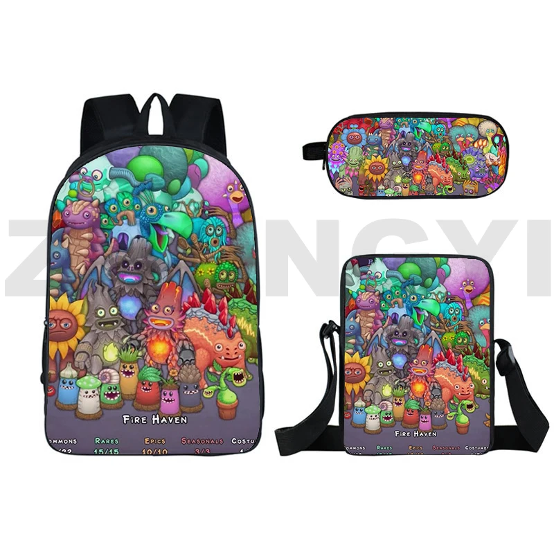 

3 In 1 Computer Notebook Bags 3D Game My Singing Monsters Backpack Zipper Large Capacity Travel Shoulder Bag Handbag Schoolbag