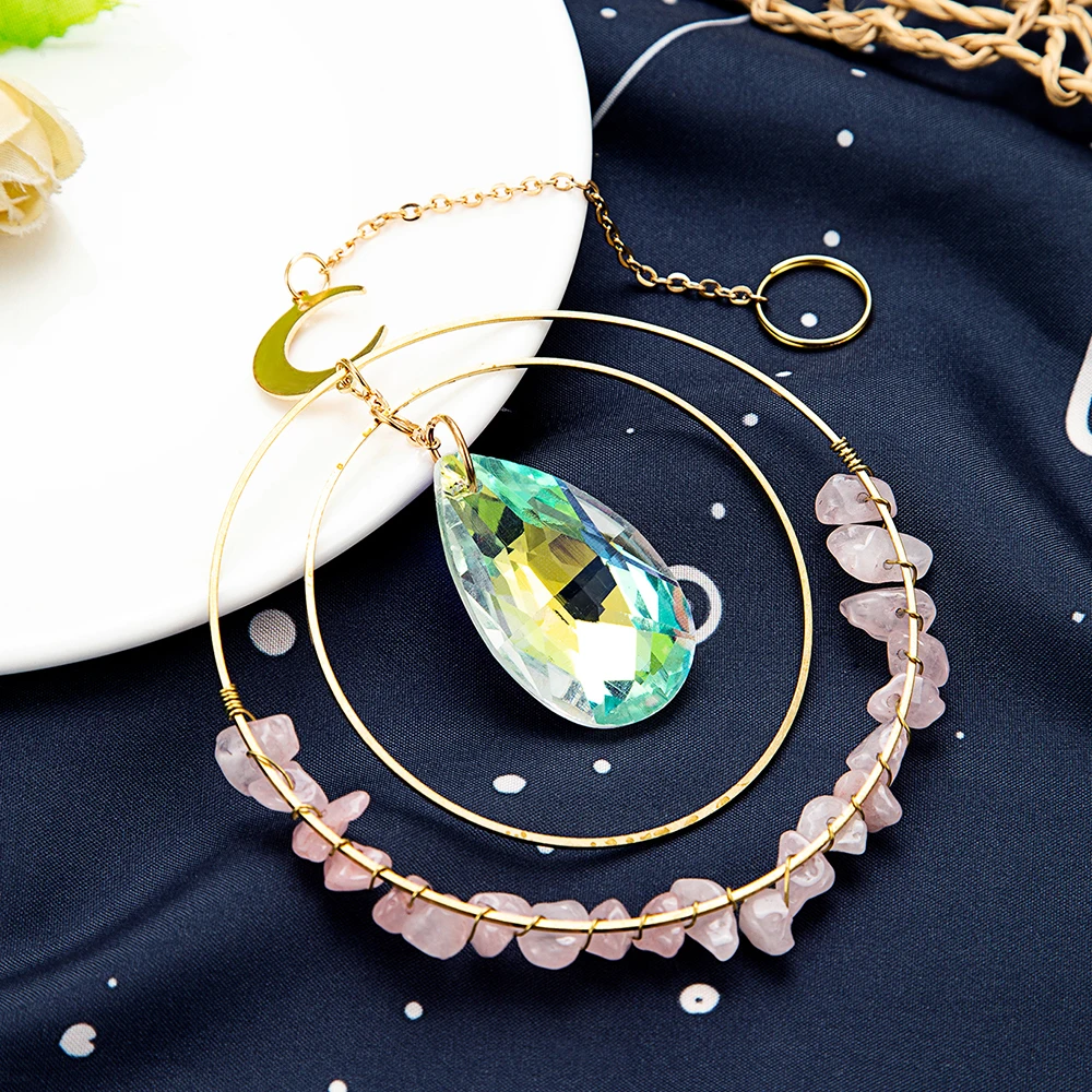 New Style Moon Circle Crystal Wind Chime Suncatcher Hanging Car Pendants Teardrop Shaped Jewelry Garden Decor Craft Decorations