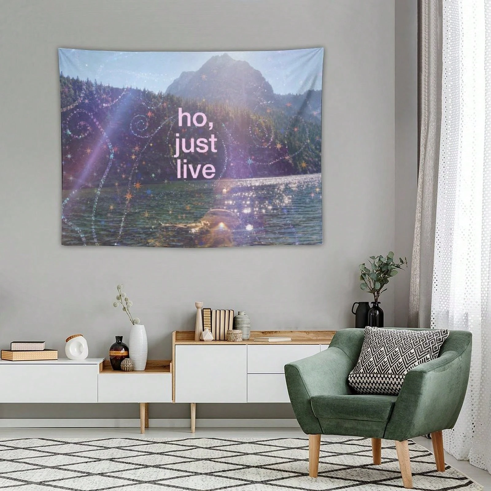 1pc Ho Just Live Quote Tapestry, Mountain Lake Scenery Wall Hanging, Decor for Bedroom Living Room Dorm Home Gift