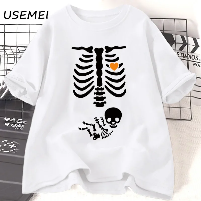 Skeleton Halloween Maternity Tshirt Funny Mother Pregnancy Announcement T-shirt Pregnant Women Fall New Mom Tees Clothing