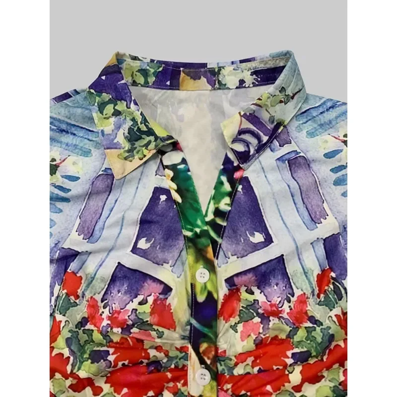 Beautyblue Flower Print Blouses Elegant Shirts Tops for Woman New Fashion Lapel Split-Joint Vintage Puff Sleeves Clothing Female