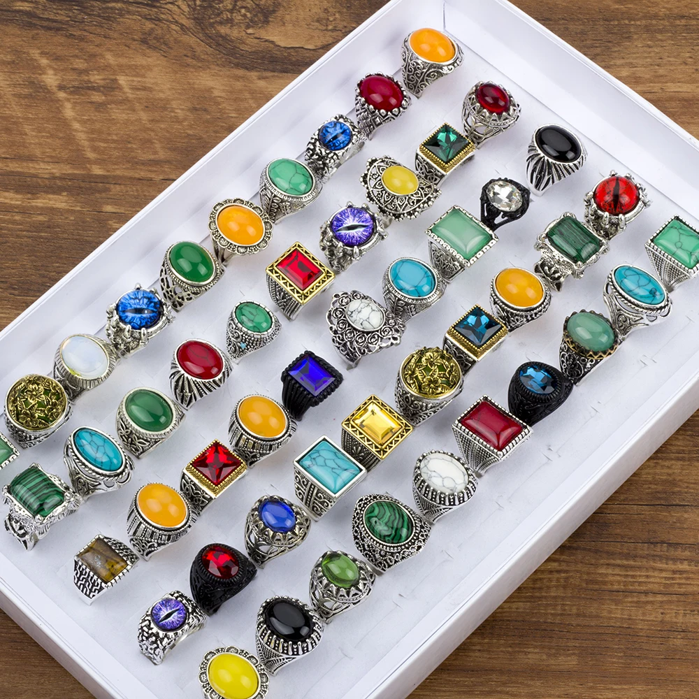 10/20/30 Pcs/Lot Vintage Rings For Men Women Colorful Stone Carved Flowers Fashion Jewelry Accessories Party Gift