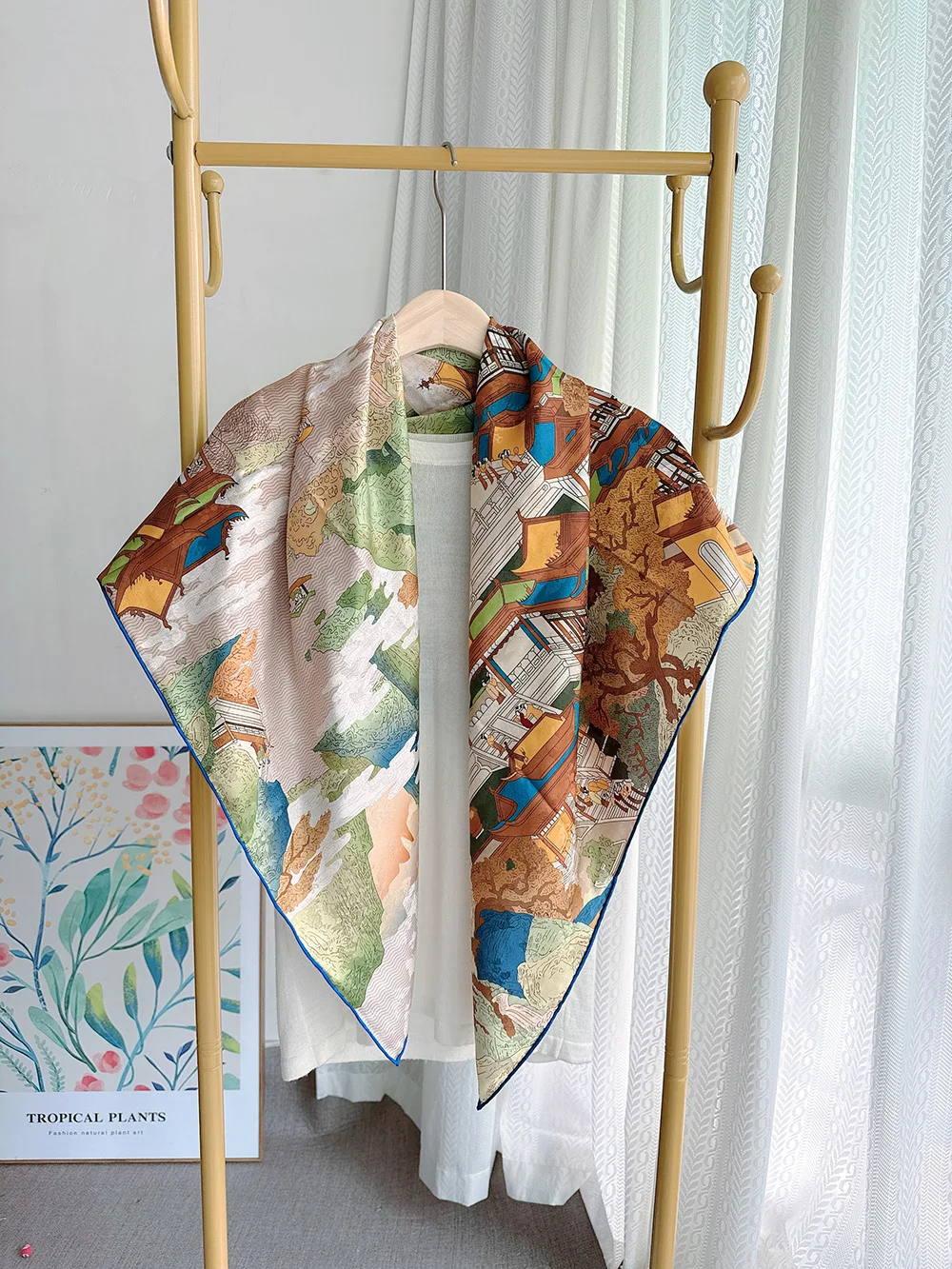 

Coffee Brown Women's Scarf 110 Head Scarf 100% Natural Silk Hand Rolled Edges Jacquard Ancient Chinese Architectureprint Shawl