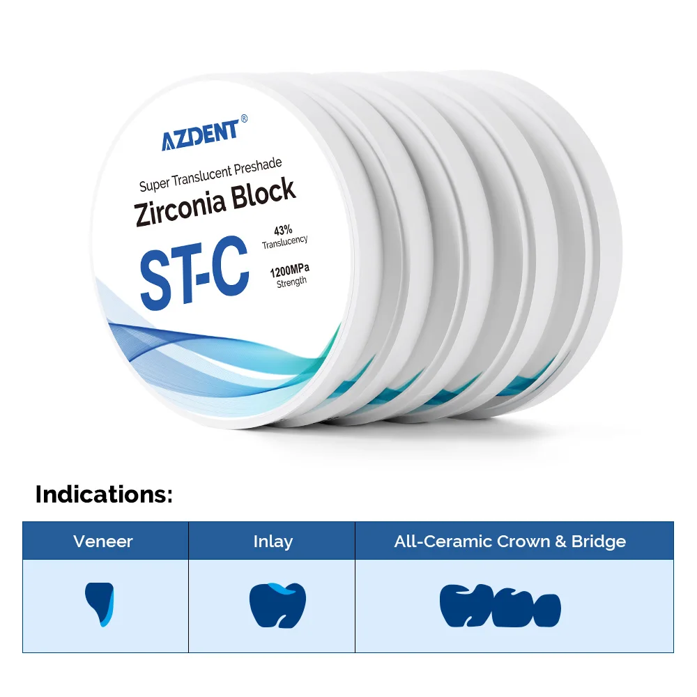 AZDENT Dental ST-C Pre-Shade Zirconia Block ST White Lab Material Super Translucent Preshade 43% Translucency Dentistry Tools