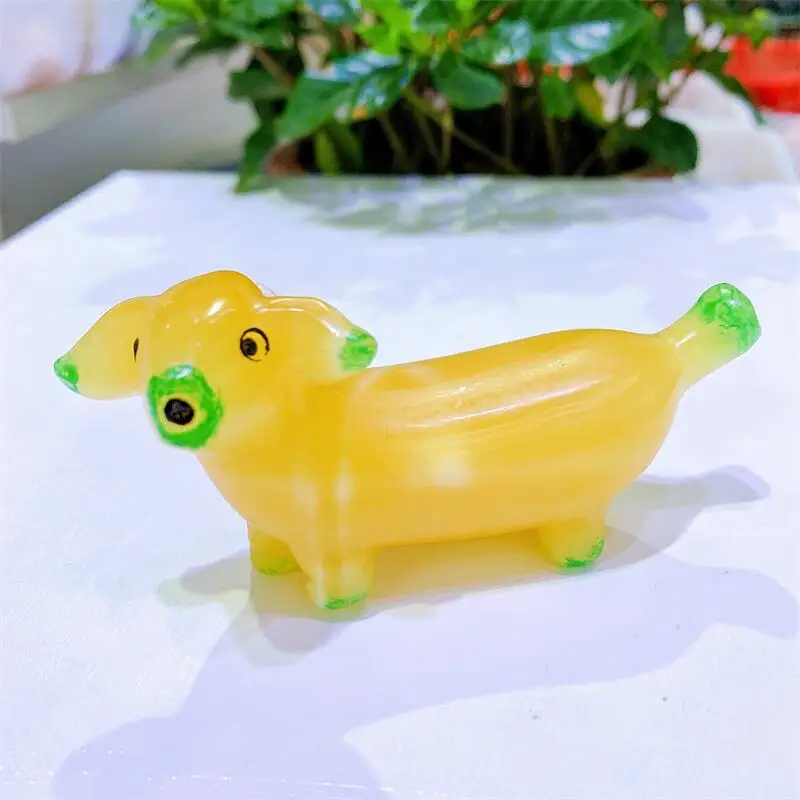 10CM Natural Yellow Caclite Banana Dog Polished Carving Cute Animal Fengshui Crystal Healing Healthy Children Gift 1pcs