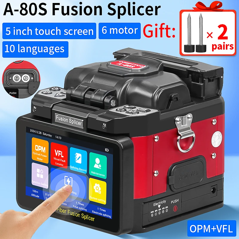 COMPTYCO A-80S automático 6 motores 10 idiomas máquina empalmadora de fusión de fibra con pantalla táctil kit de herramientas OPM VFL