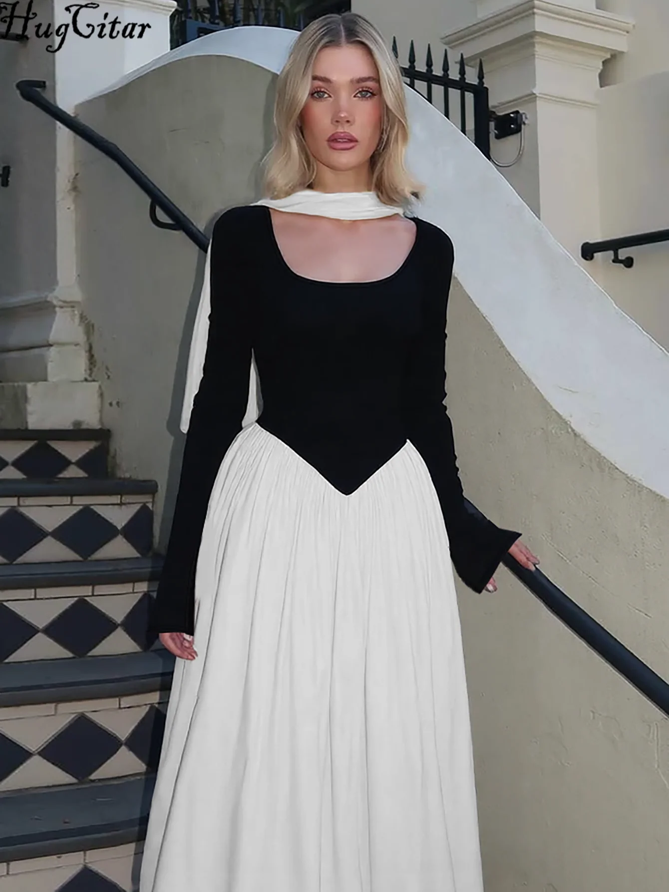 Hugcitar Passende Farbe V-ausschnitt Schal Langarm Sexy Geraffte Maxi Kleid Herbst Winter Frauen Kleidung Geburtstag Party Urlaub