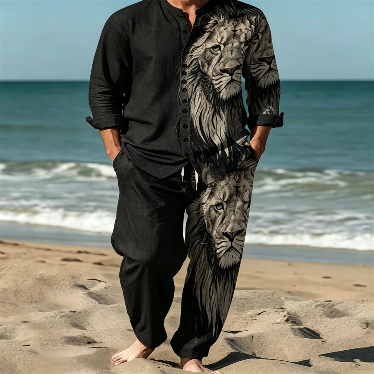 Men 3D Lion Print 2‑Piece Outfit Stand Collar Long Sleeve Shirt Drawstrin Pants Beach Casual Suit
