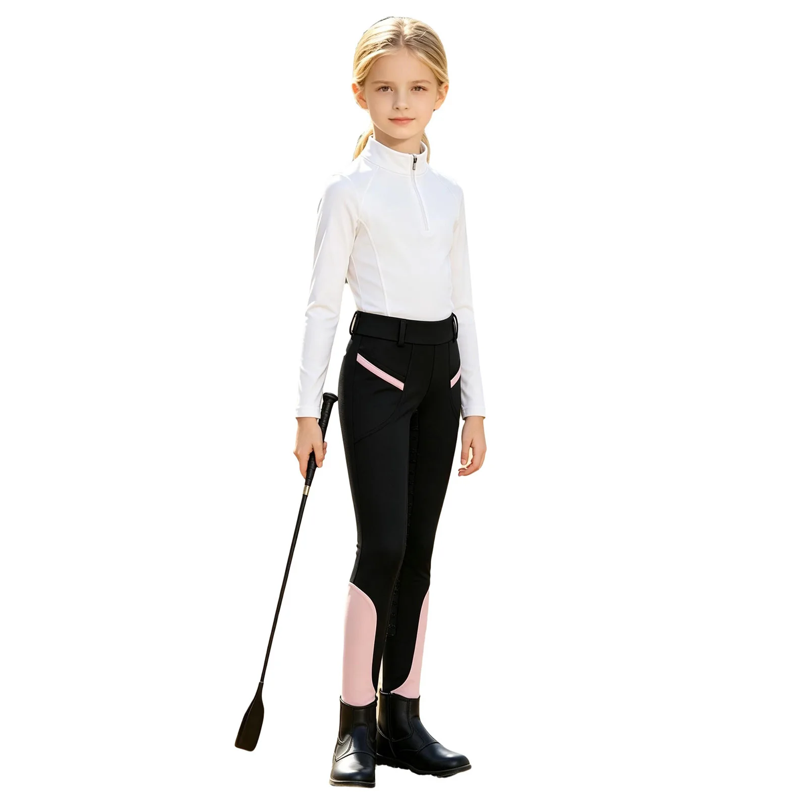 Kids Girls Equestrian Breeches Horse Riding Training Performance Costume Anti-slip Full Seat Pants Sports Leggings with Pockets