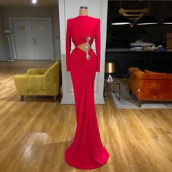 UOSU Sexy High Neck Long Sleeves Mermaid Evening Dress Cut-out Beading Stones Sweep Train Custom Size Formal Party Gown Prom