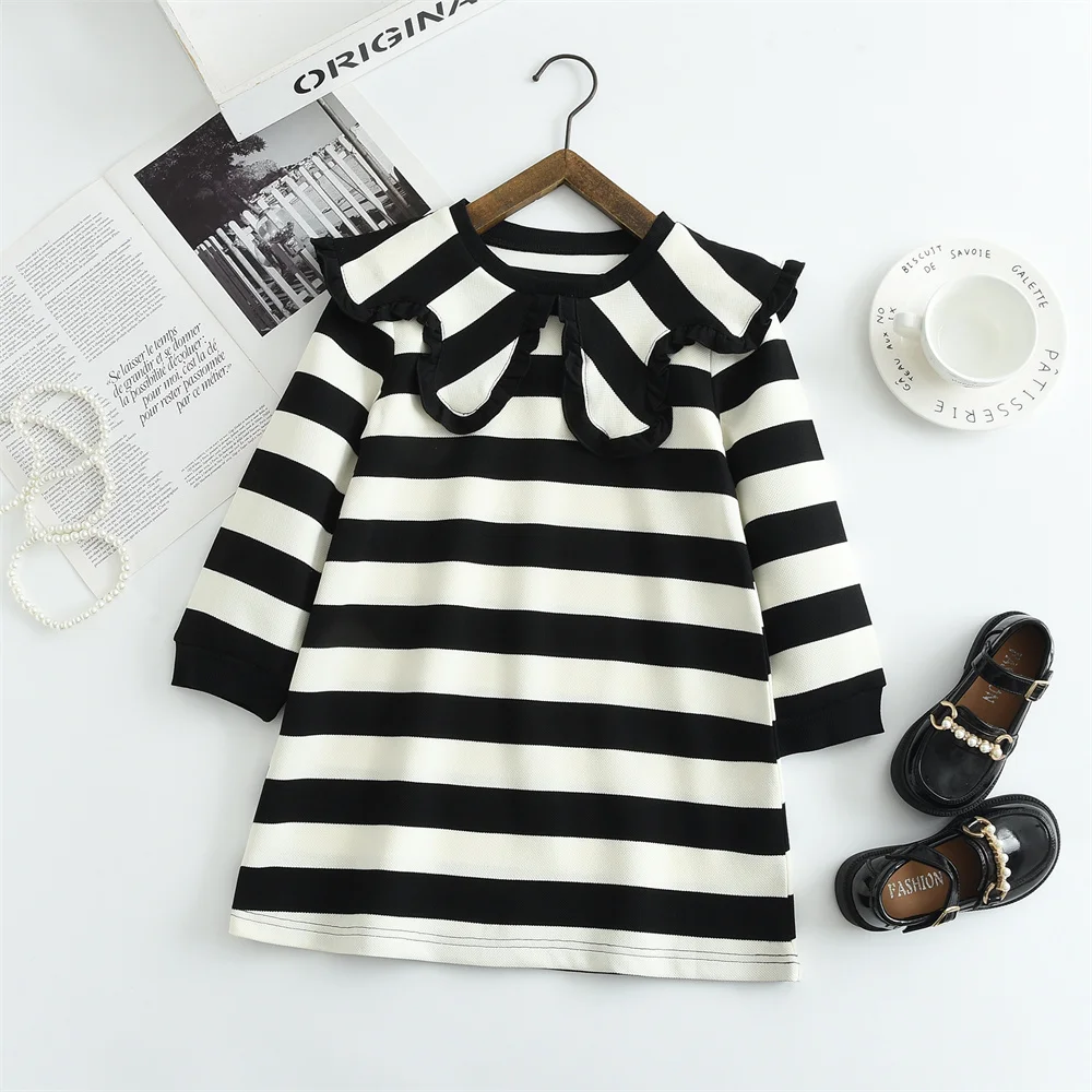 Girls Casual Dresses Striped Print Lapel Long-sleeved Dress Kids Clothes for Girls 3 To 7 Years Princess Dress for Girls