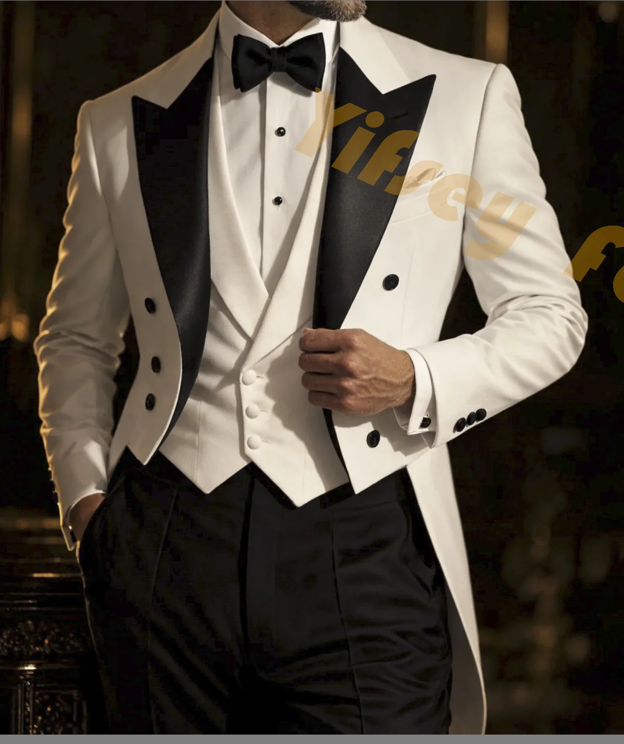 White Tailcoat Black Pants Men Suit Set Wedding Groom Custom Made Dinner Party Wear Male Vest Slim Fit Blazer Trousers Outfit
