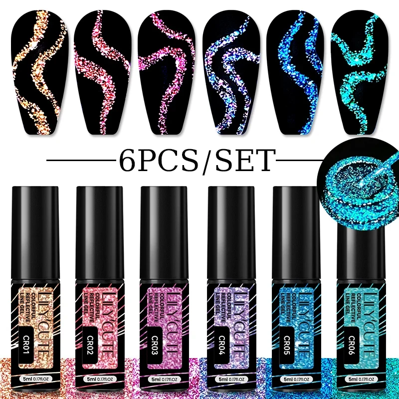 

LILYCUTE 6Pcs Colorful Reflective Glitter Nail Art Liner Gel Nail Kit Sparkling Painting Gel Nail Polish Semi Permanent UV Gel