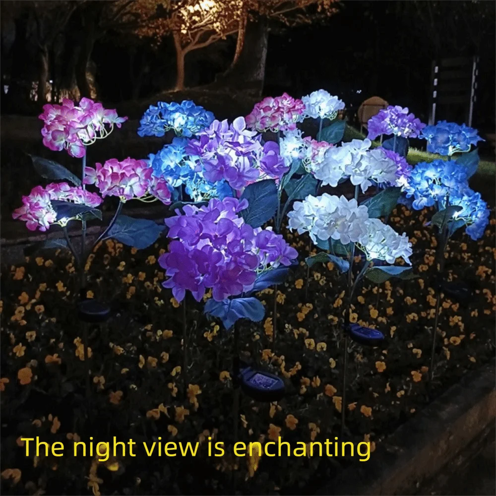 New 3 Head Simulated Hydrangea Flower Solar Led Light Outdoors Realistic Garden Lawn Lamps Waterproof Flower Light Yard