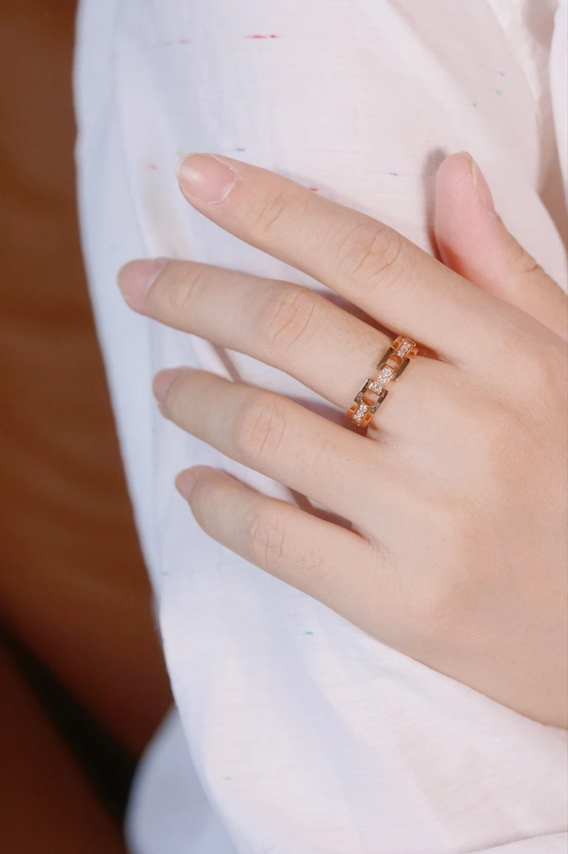 KUGG 100% 18K Rose Gold Rings Fashion Chain Design 0.20carat Real Natural Diamond Engagement Ring for Women High Wedding Jewelry