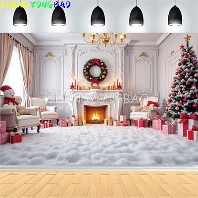 

Christmas Day New Year Party Photography Backdrops Prop Window Living Room Interior Xmas Tree Snow Theme Photo Background FN-20