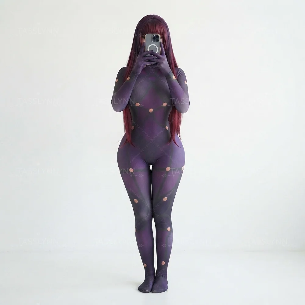 Scathach Cosplay Zentai Bodysuit Purple Black Dot Strap Full Jumpsuit Anime Halloween Costume Women Anime Scathach Cos Outfit, view 6