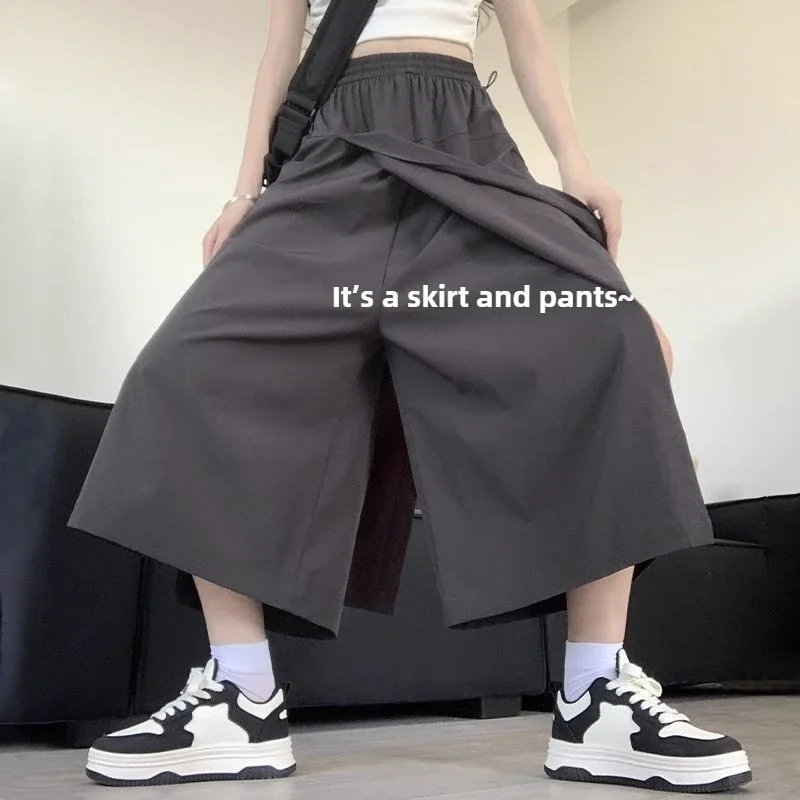 Pantaloni estivi Donna Pantaloni a gamba larga a vita alta Pantaloni culotte grigi Salopette casual in seta di ghiaccio allentata sottile Gonne da lavoro semi-corpo Nero