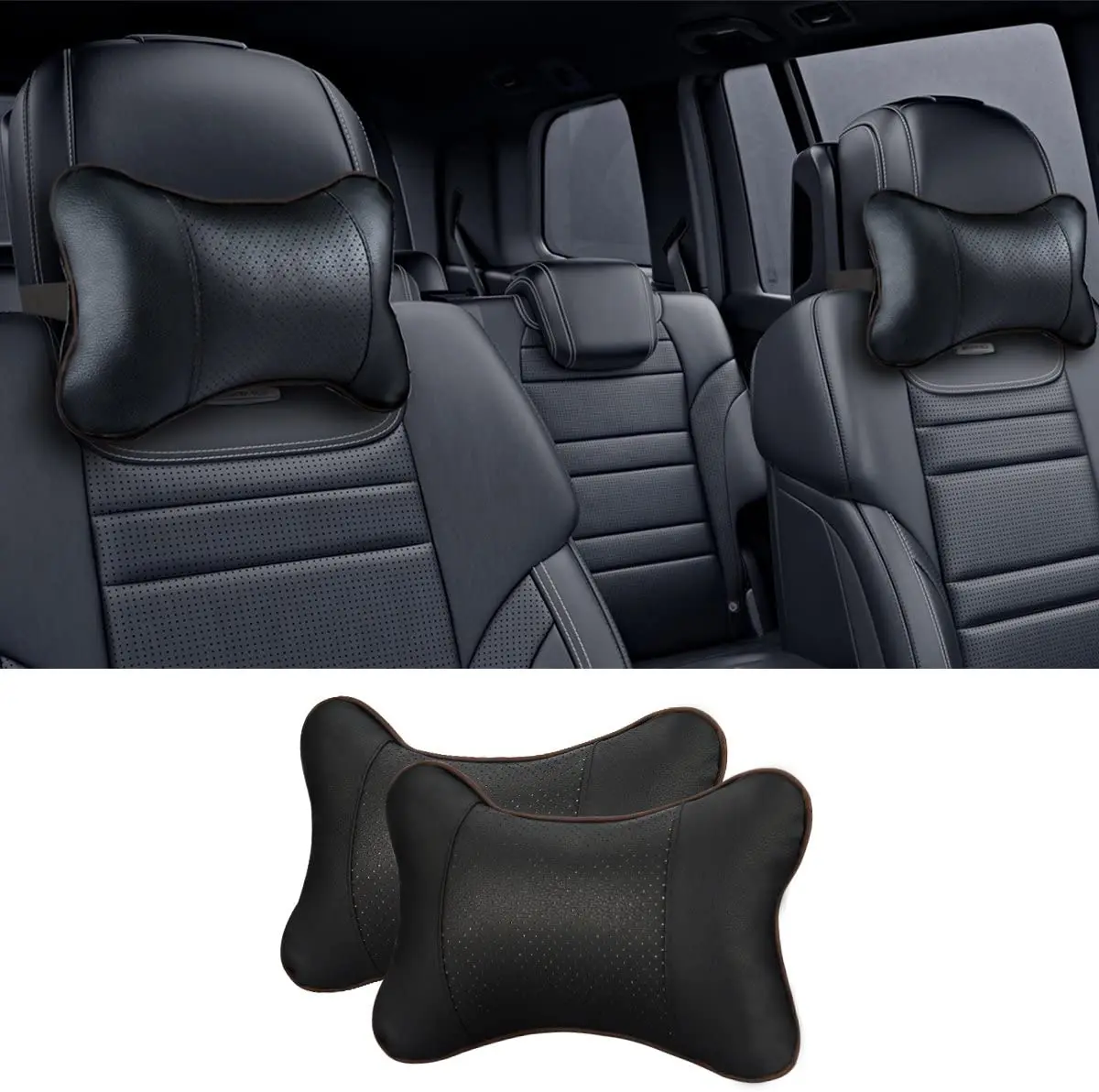 Travel Neck Pillows for Car Both Side Pu Leather 1pcs Pack Headrest for Head Pain Relief Filled Fiber Universal Car Pillow