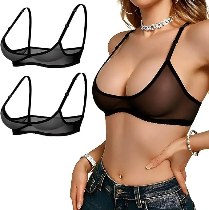 Sexy Mesh-Transparent-BH 2-teilig, ausgeschnittener erotischer verstellbarer BH, Damen-BH mit offenen Cups, Unterwäsche, transparente Lingerie mit Aussparungen – Detail 2