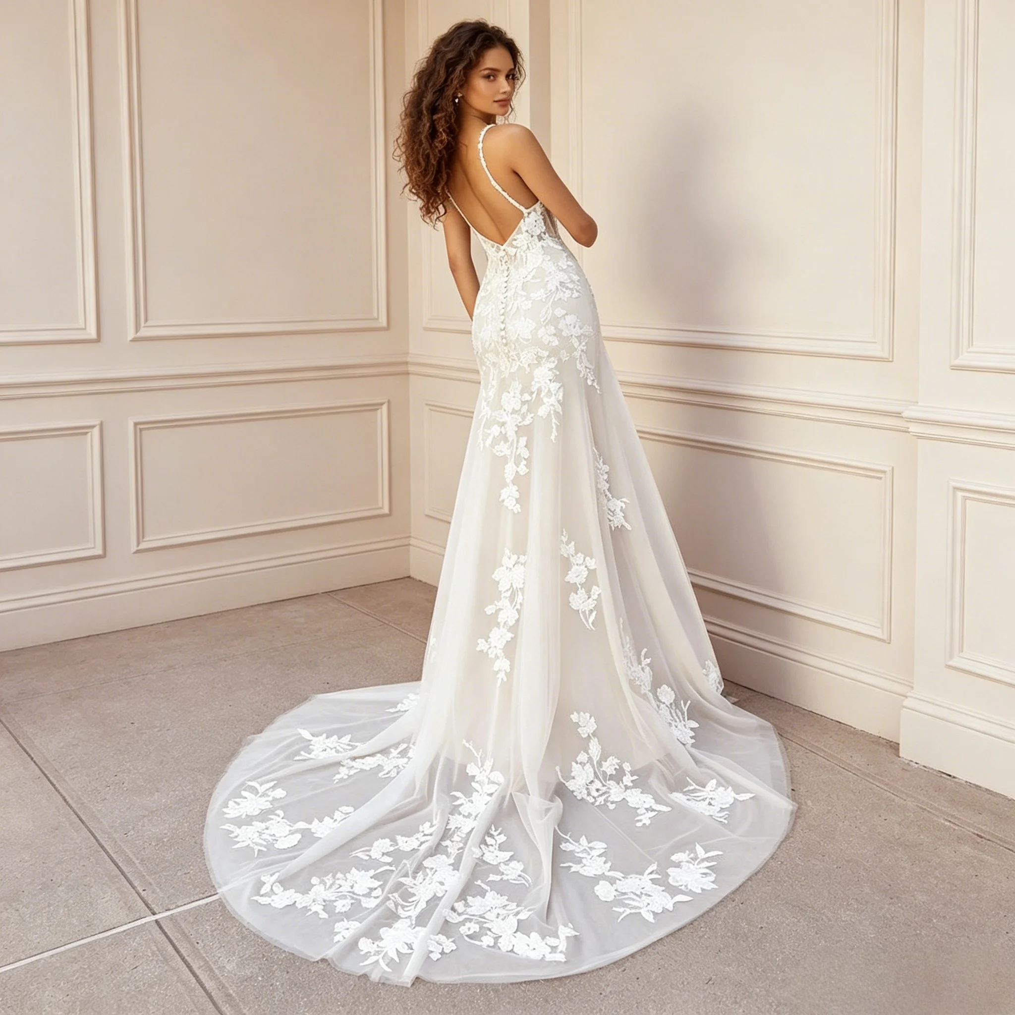 Classic Romantic Ivory Bridal Gown Sleeveless V Back Floral Applique Sheer Tulle Fitted Mermaid Wedding Dress Customizable