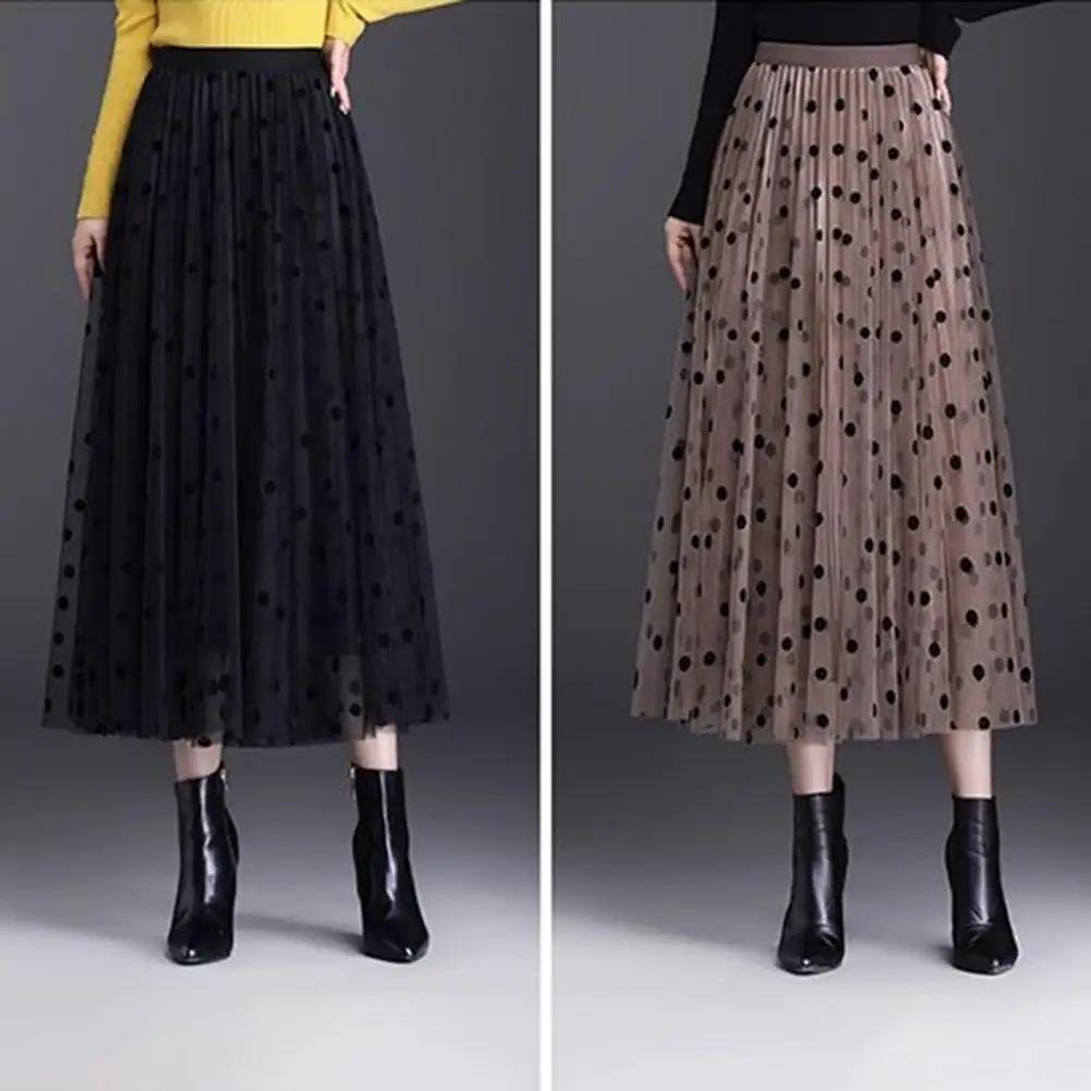 Lace Skirt Elegant Double-layered Mesh Pleated A-line Midi Skirt with High Elastic Waist for Women Soft Solid Color Big Swing