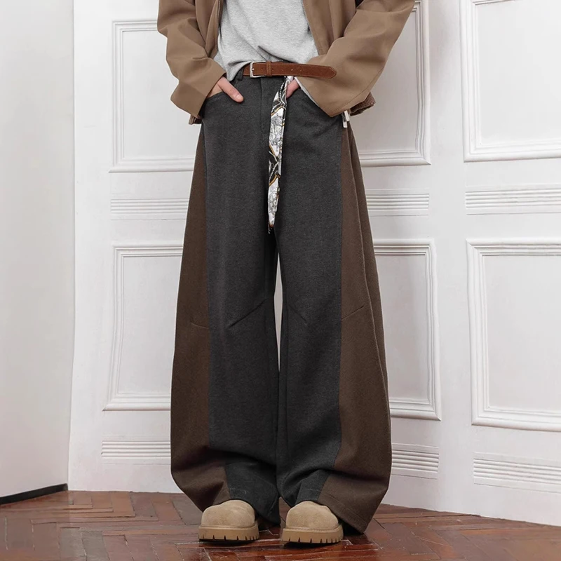 Niche Design Men's Woolen Pants Contrast Color Patchwork Casual Straight Leg Menswear All-match Wide-leg Male Bottom S45R
