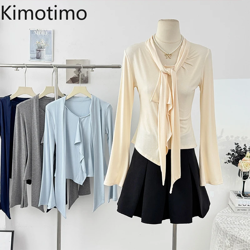 

Kimotimo Korean Style Sexy Lace Up V Neck T-shirt Women 2025 Autumn Irregular Slim Fit Long Sleeve Crop Top Simple Solid Y2k Tee