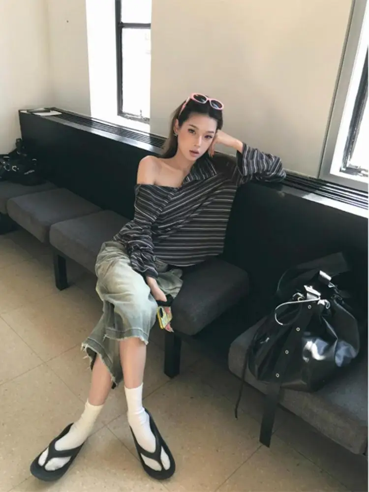 Yedinas Striped Loose T Shirt Women Clothes Long Sleeve Korean Fashion Streetwear 2000s Clothes Y2k Autumn Tops Tees Female Chic