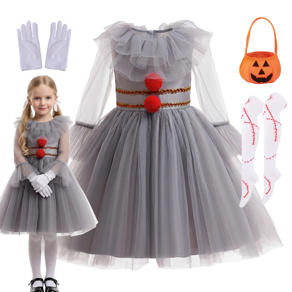 2026 Girls Horrible Clown Tutu Dress Kids Scary Joker Children Cosplay Carnival Party Costume Halloween Dress Up