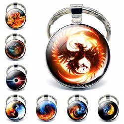 Phoenix Keychain Steampunk Yin Yang Jewelry Glass Cabochon Keyring Metal Fashion Accessories for Men Women Valentines Gift