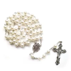 Catholic Rosary Necklace White Acrylic Imitation Pearl Cross Pendant Religious Pray Jewelry