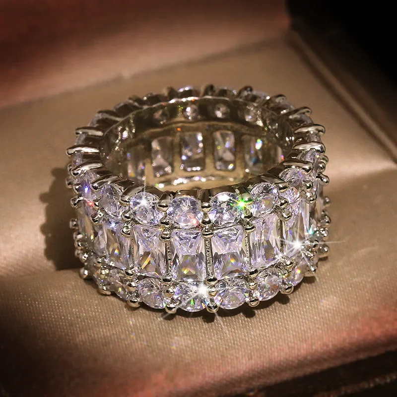 S925 Sterling Silver Color Big Band Ring with Bling Bling Zircon Stone Ring for Women Fashion Party birthday Jewelry
