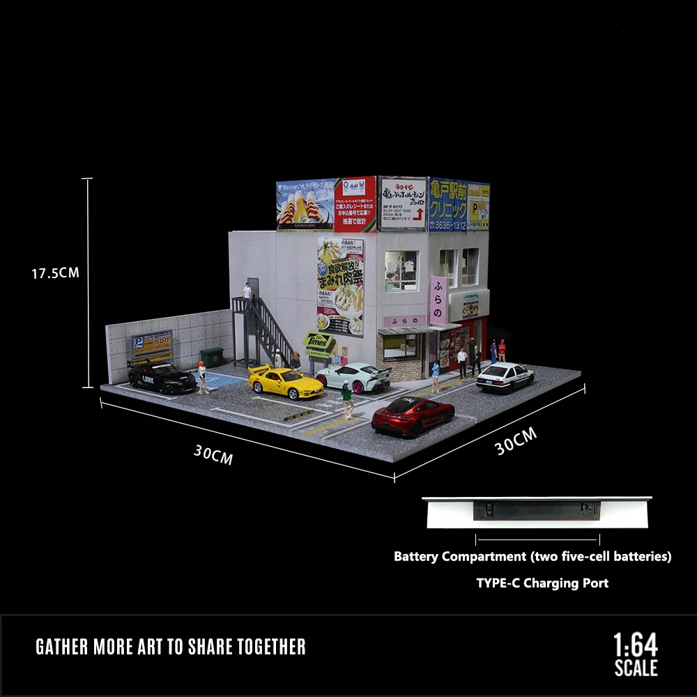 Diorama Bangunan Komersial Jepang 1:64, Model Adegan Pencahayaan, Model Garasi Mobil, Tempat Parkir Mobil untuk Pajangan & Koleksi & Hadiah