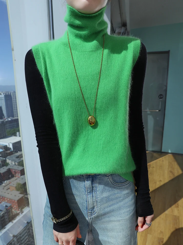 

Autumn Winter 100% Mink Cashmere Pullover Vest Women Turtle Neck Pile Collar Soild Knit Sleeveless Waistcoat Versatile