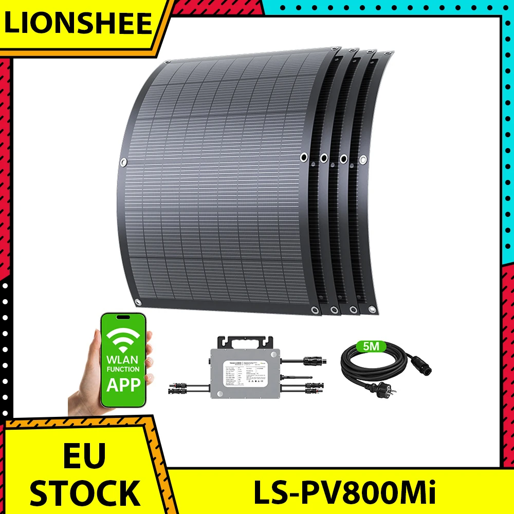 Kit solaire flexible LIONSHEE LS-PV800Mi 800W, 4 panneaux de 200W + micro-onduleur 800W, efficacité 23,5%, étanche IP67, câble AC 5m